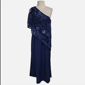NWT Tahari by Arthur S Levine ONE SHOULDER LACE Evening NAVY GOWN - Size 12